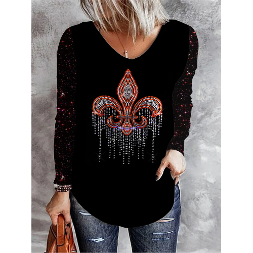 Mardi Gras Crystal Pattern V Neck Casual Long Sleeve T-shirt