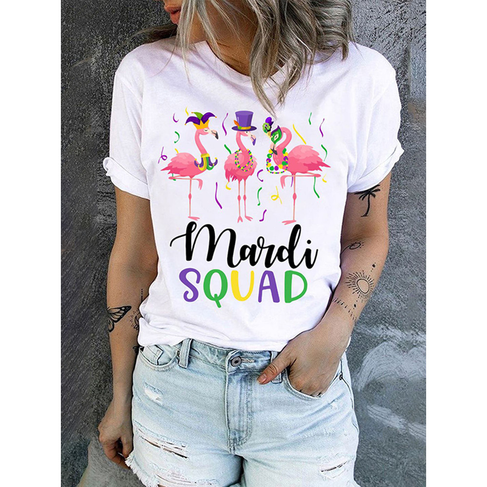 Mardi Gras Flamingo Graphic Round Neck T-Shirt