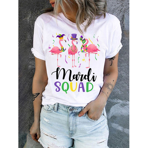 Mardi Gras Flamingo Graphic Round Neck T-Shirt