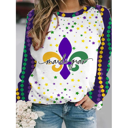 Mardi Gras Fleur De Lis Beads Stars Sweatshirt