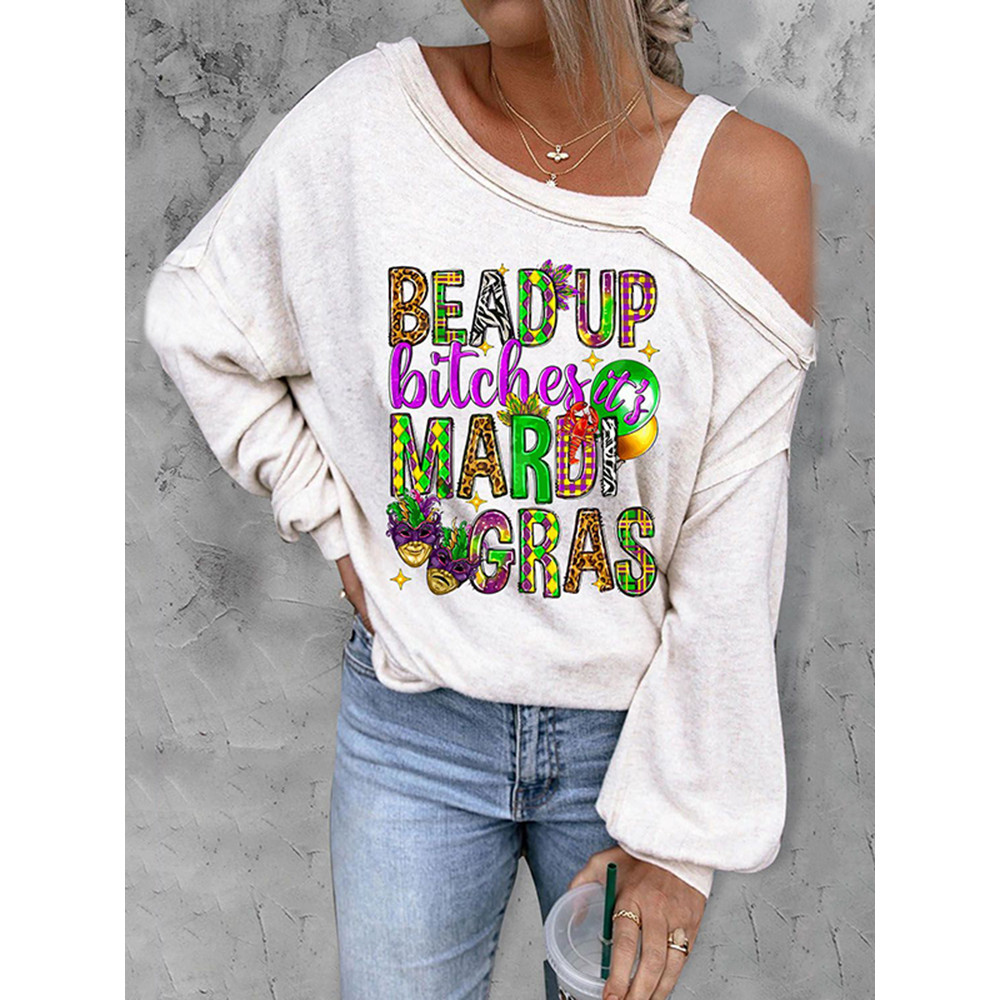 Mardi Gras Floral Cold Shoulder Asymmetrical Neck T-Shirt