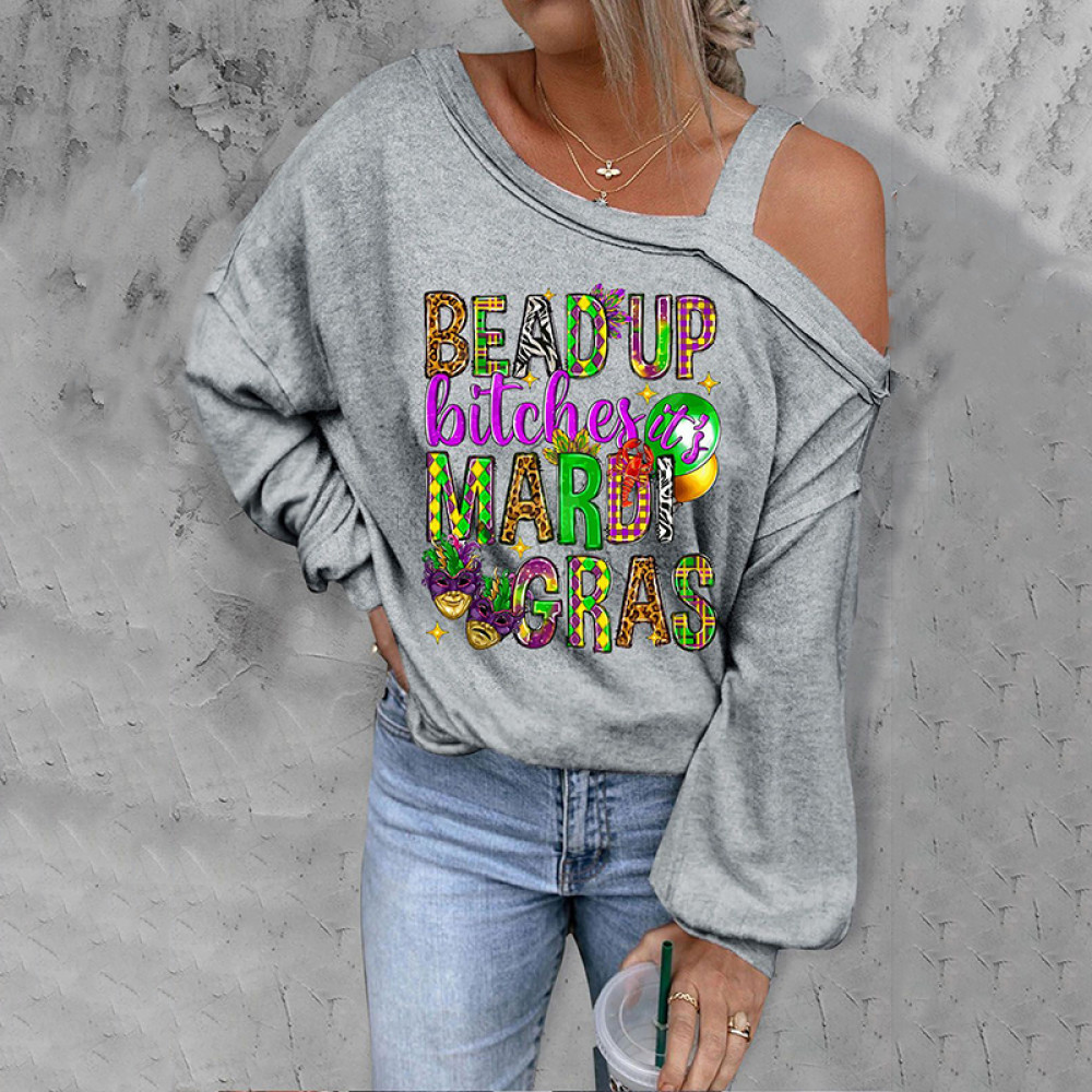 Mardi Gras Floral Cold Shoulder Asymmetrical Neck T-Shirt
