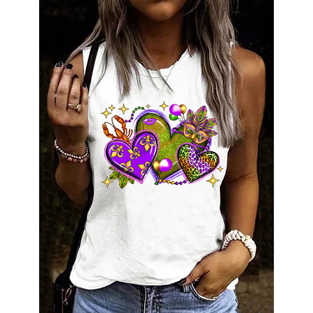 Mardi Gras Gradient Heart-Shape Round Neck Tank Top