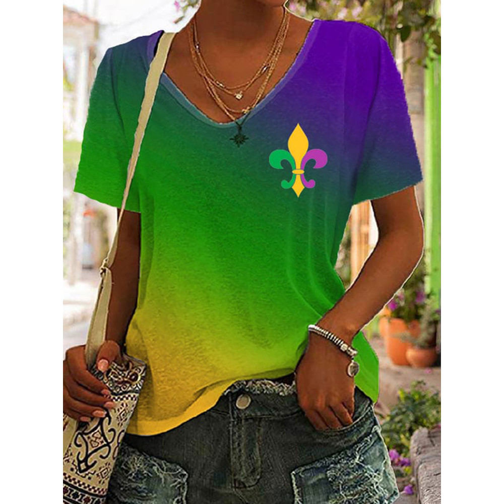 Mardi Gras Gradient Print V-Neck Casual T-Shirt
