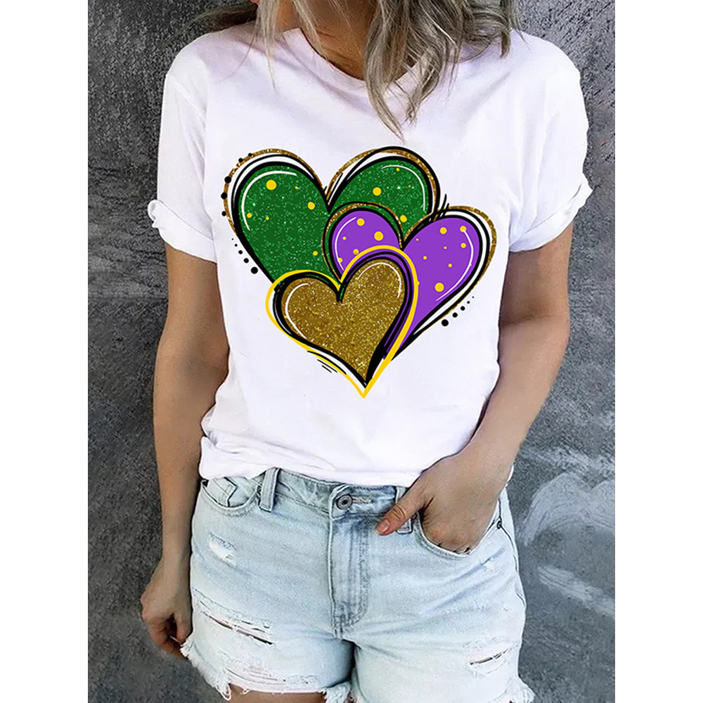 Mardi Gras Green Purple Yellow Heart Shaped T-Shirt