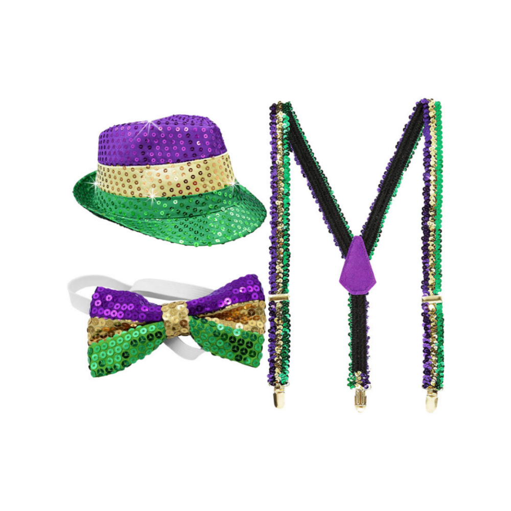 Mardi Gras Hat Bow Tie And Strap Accessories Set