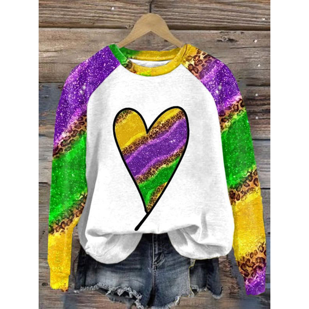 Mardi Gras Heart Print Casual Cozy Sweatshirt