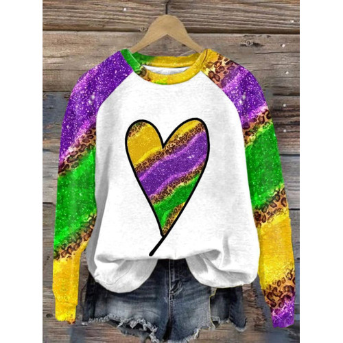 Mardi Gras Heart Print Casual Cozy Sweatshirt