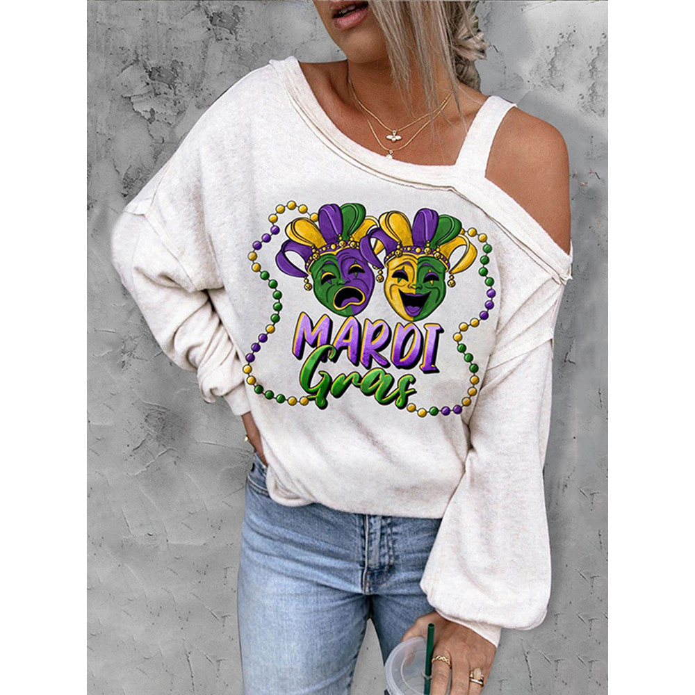 Mardi Gras Heart-Shape Graphic Asymmetrical Neck T-Shirt