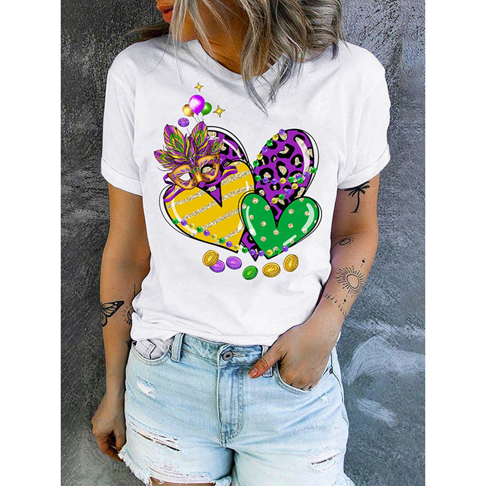 Mardi Gras Heart-Shaped Round Neck Casual T-Shirt