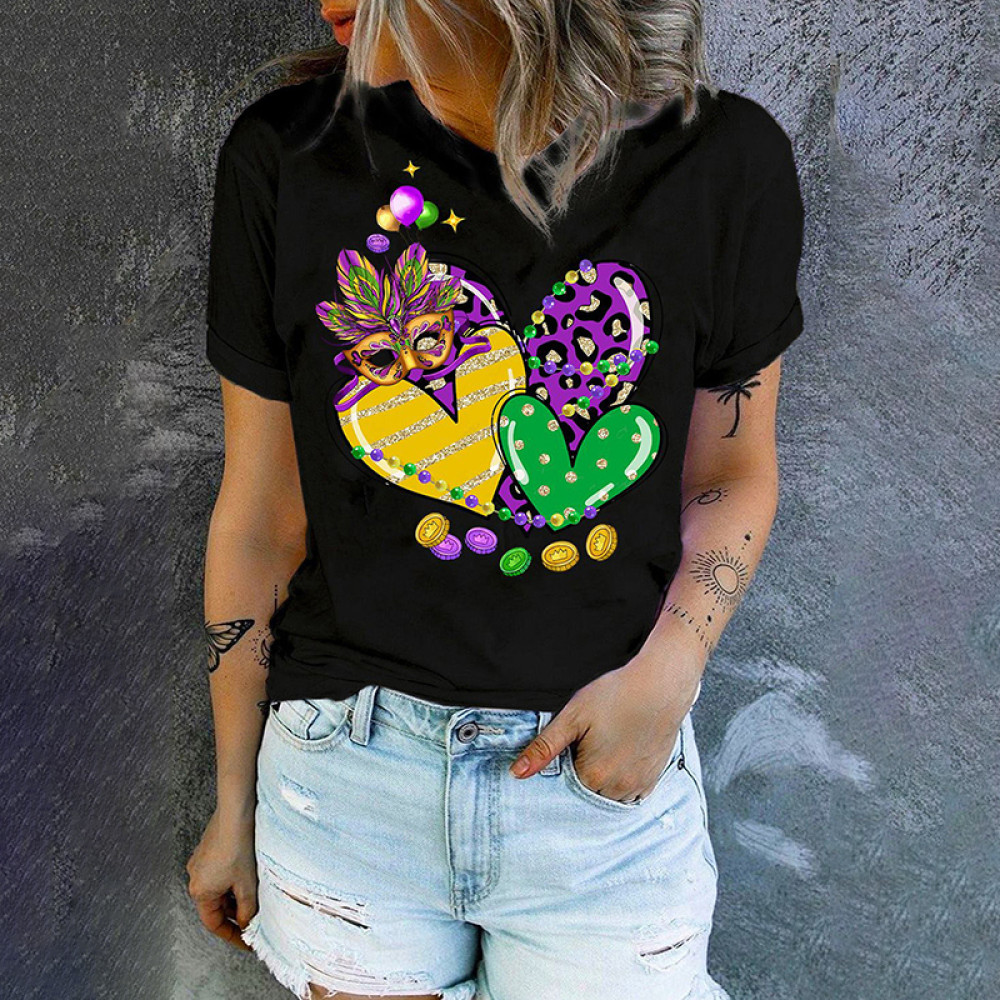 Mardi Gras Heart-Shaped Round Neck Casual T-Shirt