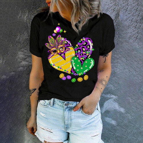 Mardi Gras Heart-Shaped Round Neck Casual T-Shirt