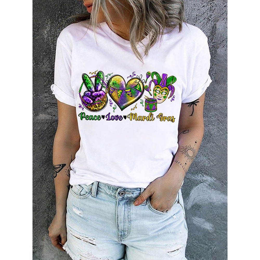 Mardi Gras Heart-shaped None Round Neck Casual T-Shirt