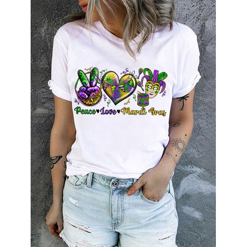 Mardi Gras Heart-shaped None Round Neck Casual T-Shirt