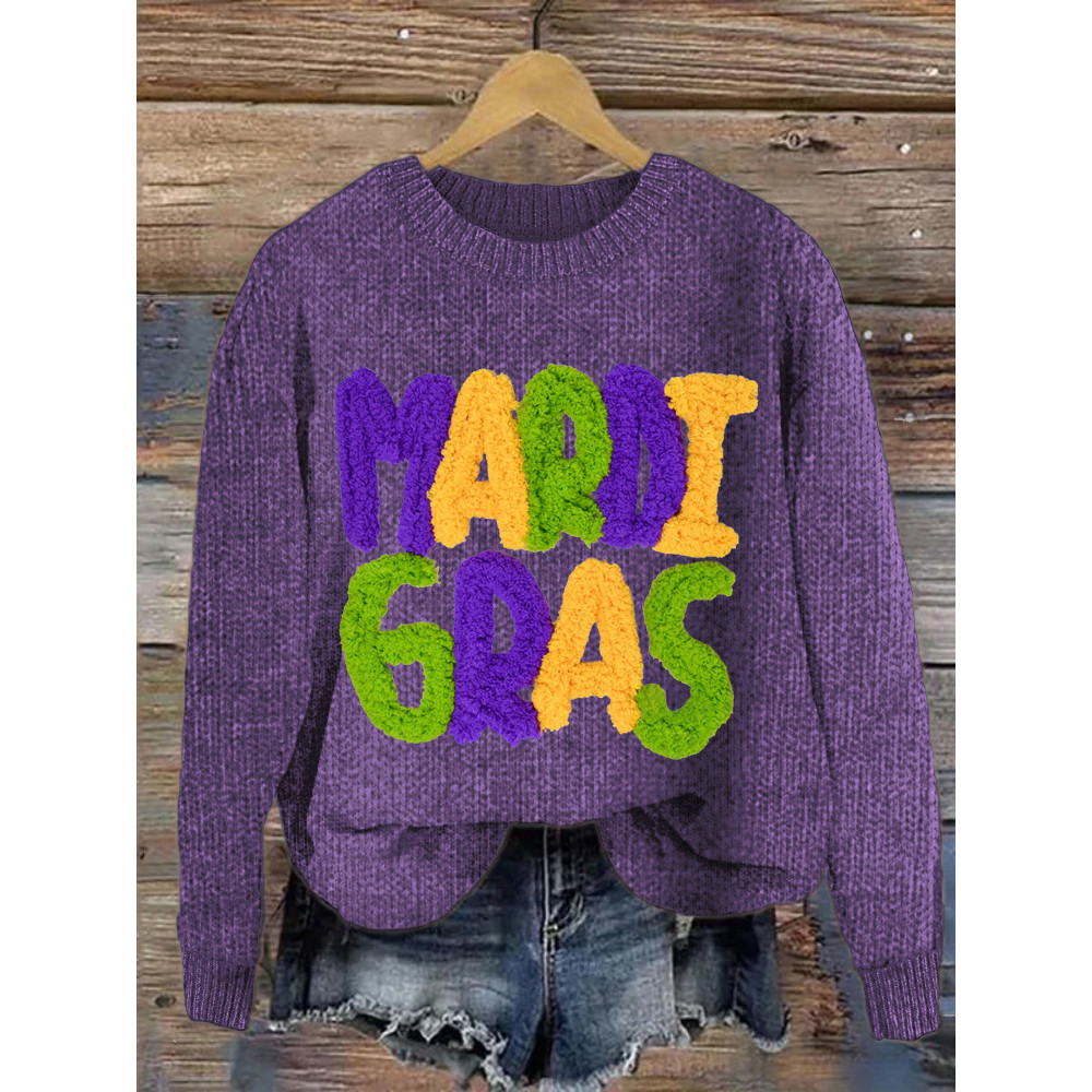 Mardi Gras Knit Pattern Crew Neck Cozy Sweater