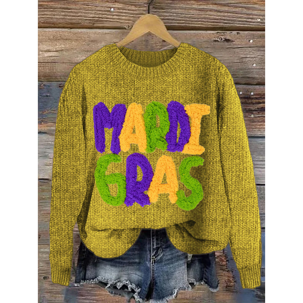 Mardi Gras Knit Pattern Crew Neck Cozy Sweater