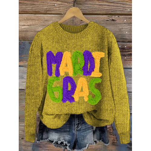 Mardi Gras Knit Pattern Crew Neck Cozy Sweater