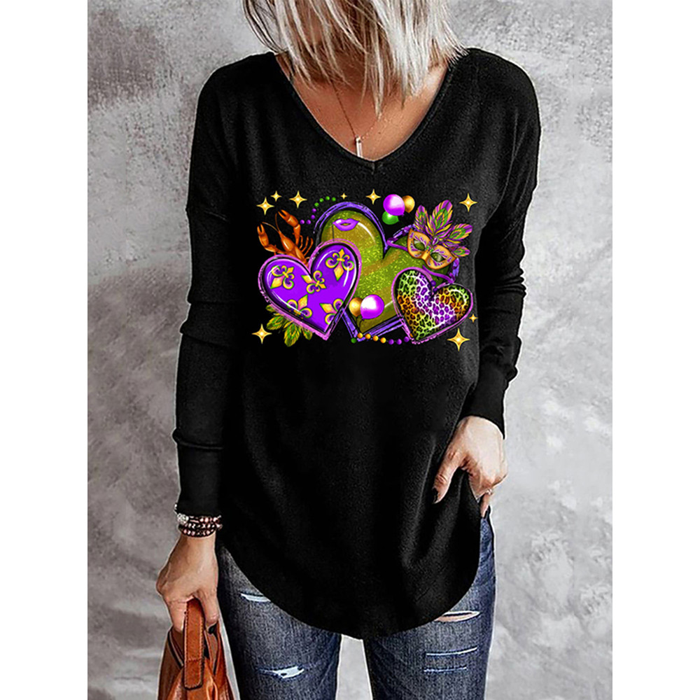Mardi Gras Leopard Plaid Round Neck T-Shirt