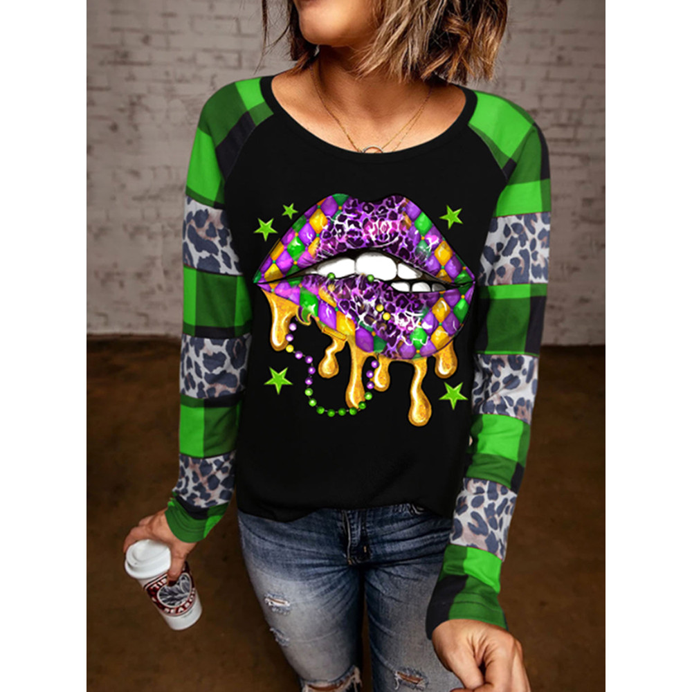 Mardi Gras Leopard Plaid Round Neck T-Shirt