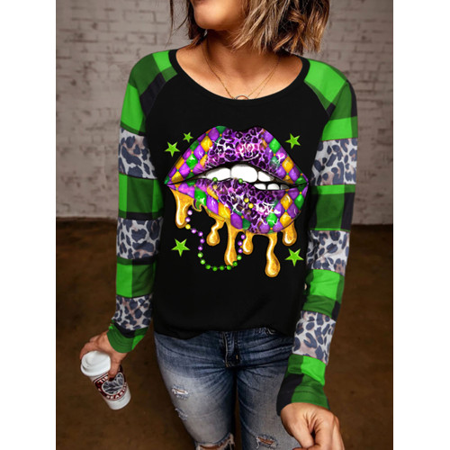 Mardi Gras Leopard Plaid Round Neck T-Shirt