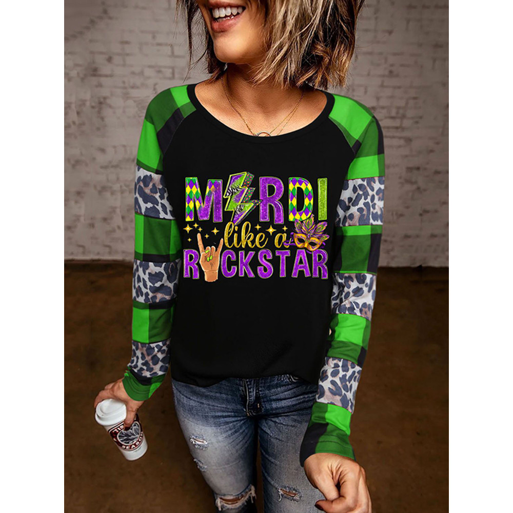 Mardi Gras Leopard Plaid Round Neck T-Shirt