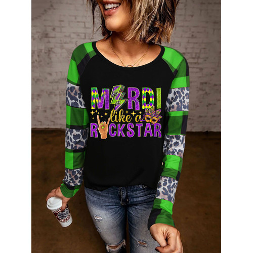 Mardi Gras Leopard Plaid Round Neck T-Shirt