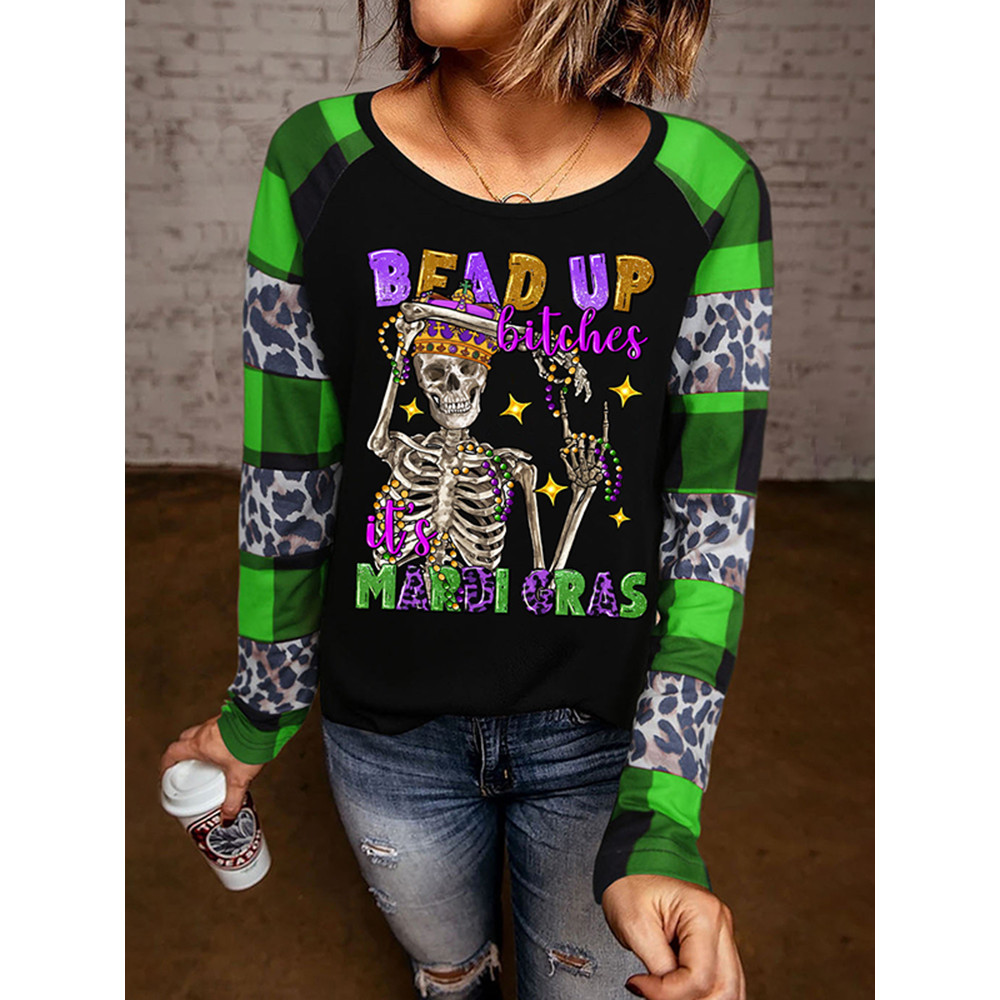 Mardi Gras Leopard Plaid Skull Print T-Shirt