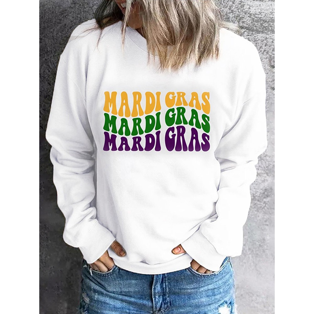 Mardi Gras Letter Round Neck Casual Sweatshirt