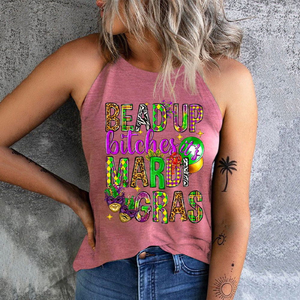 Mardi Gras Letter Round Neck Sheath Casual Tank Top