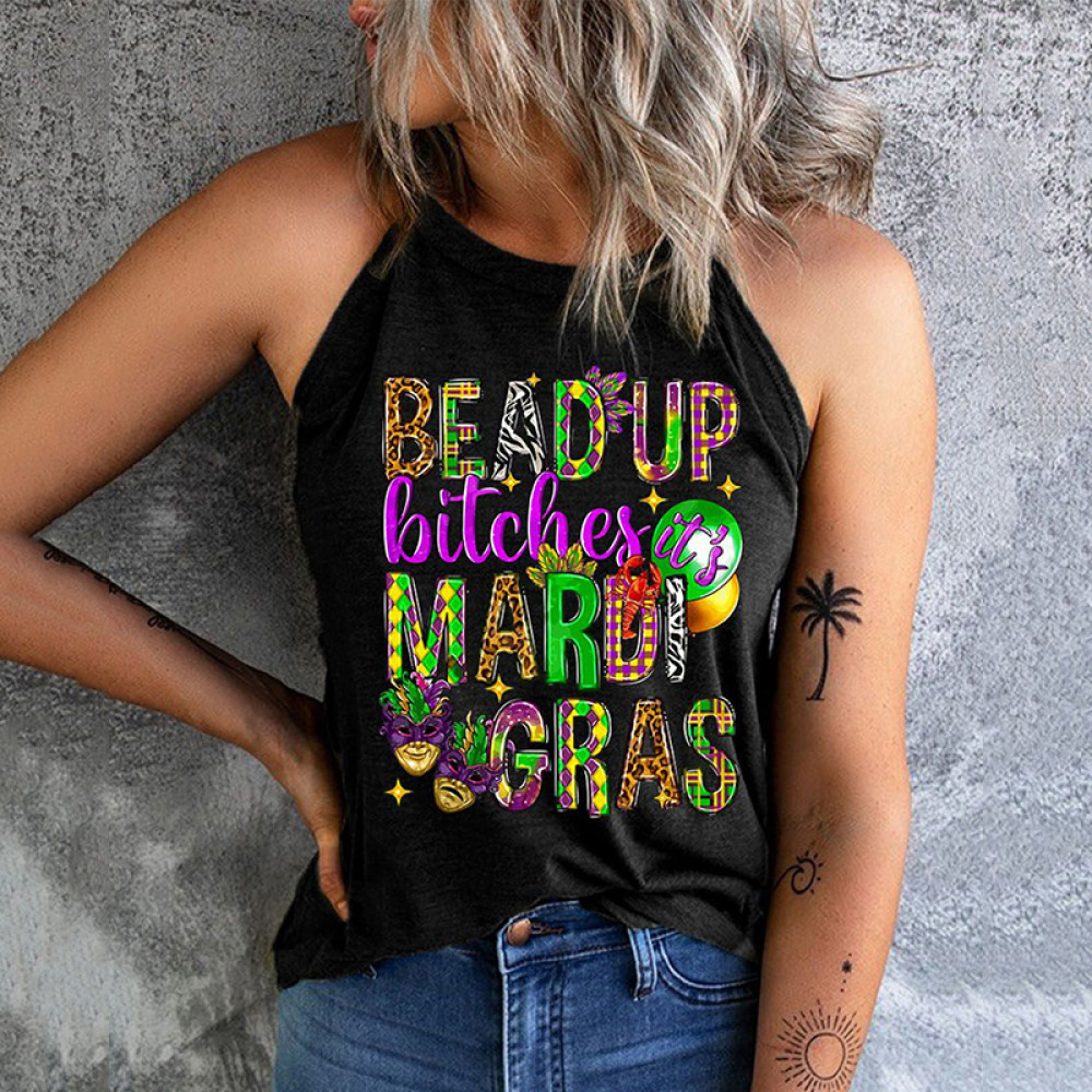 Mardi Gras Letter Round Neck Sheath Casual Tank Top
