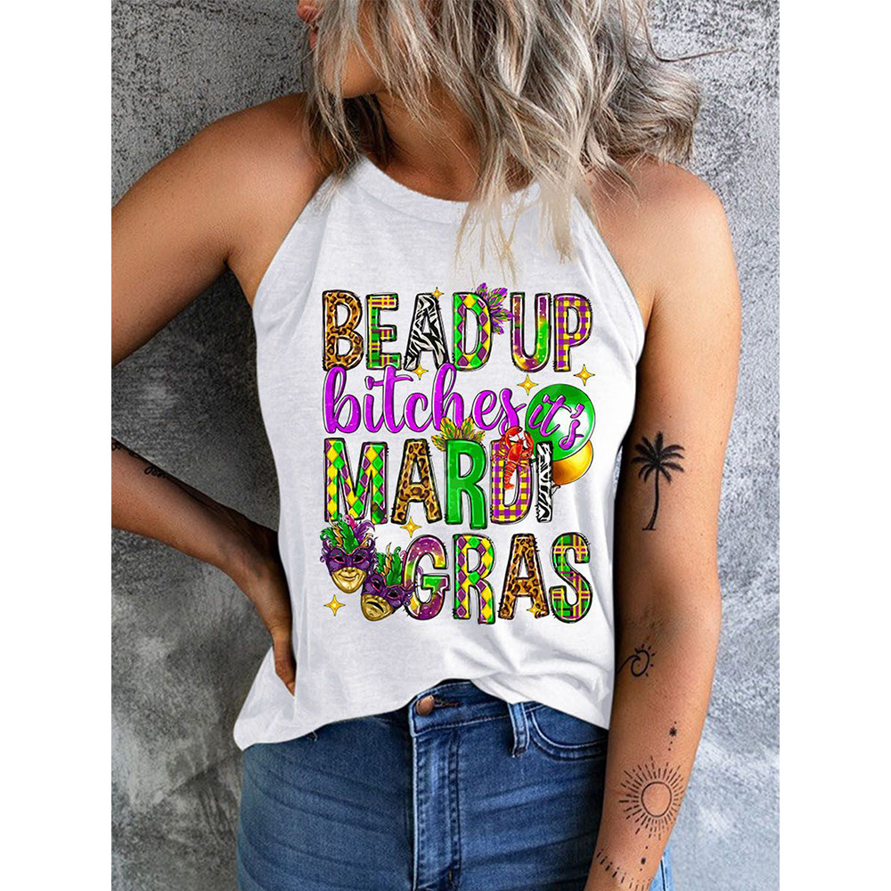 Mardi Gras Letter Round Neck Sheath Casual Tank Top