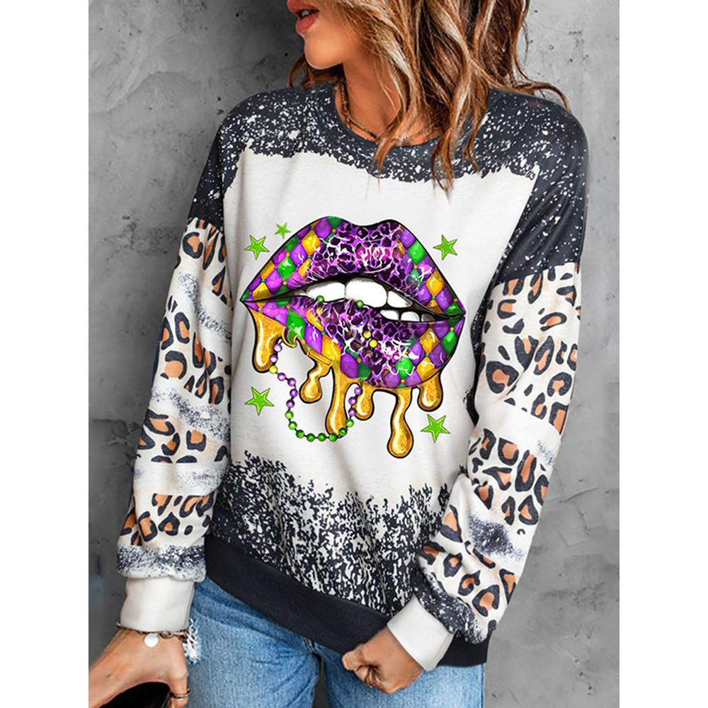 Mardi Gras Lip Graphic Leopard Colorblock Sweatshirt