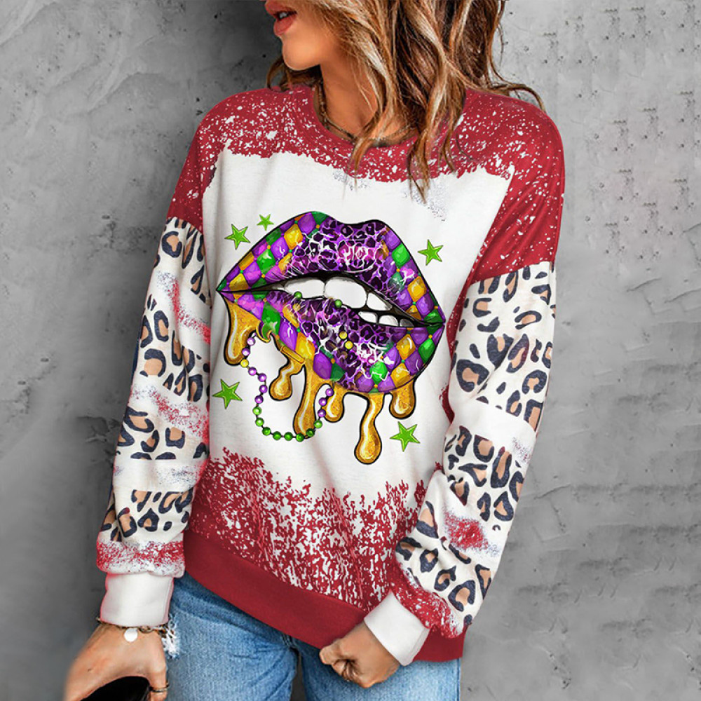 Mardi Gras Lip Graphic Leopard Colorblock Sweatshirt