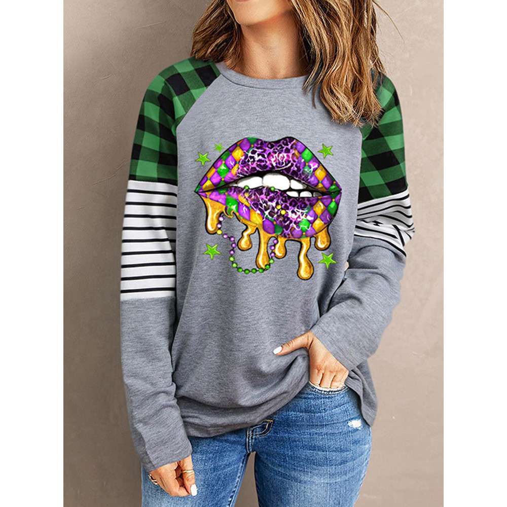 Mardi Gras Lip Graphic Striped Plaid T-Shirt