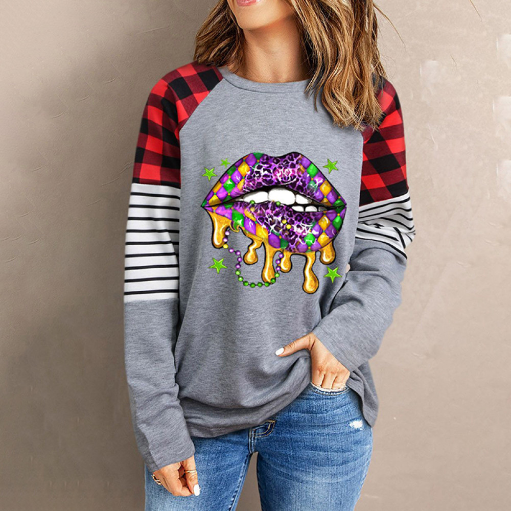 Mardi Gras Lip Graphic Striped Plaid T-Shirt