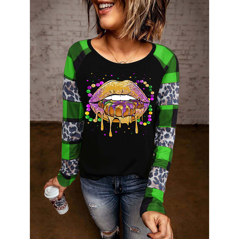 Mardi Gras Lips Leopard Plaid Round Neck T-Shirt