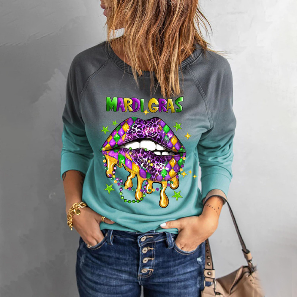 Mardi Gras Lips Round Neck Shift Casual Sweatshirt