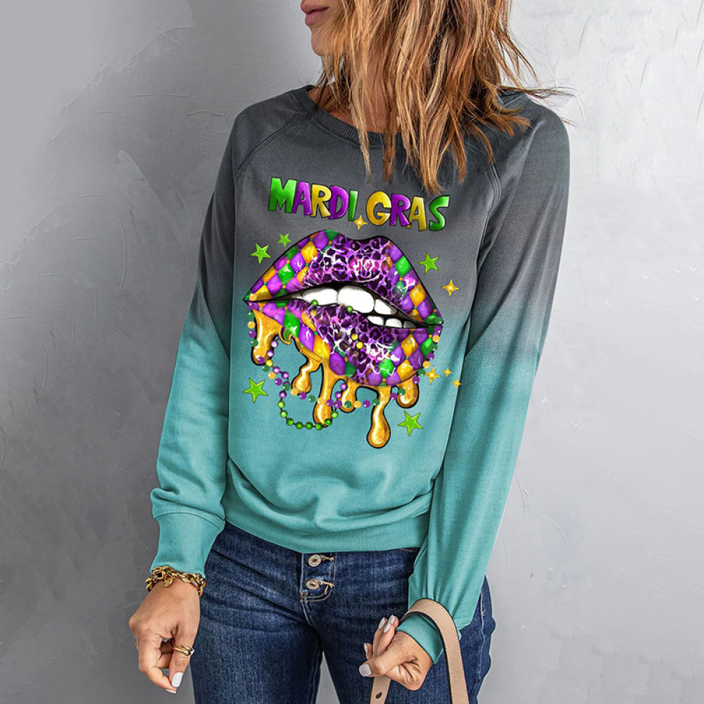 Mardi Gras Lips Round Neck Shift Casual Sweatshirt