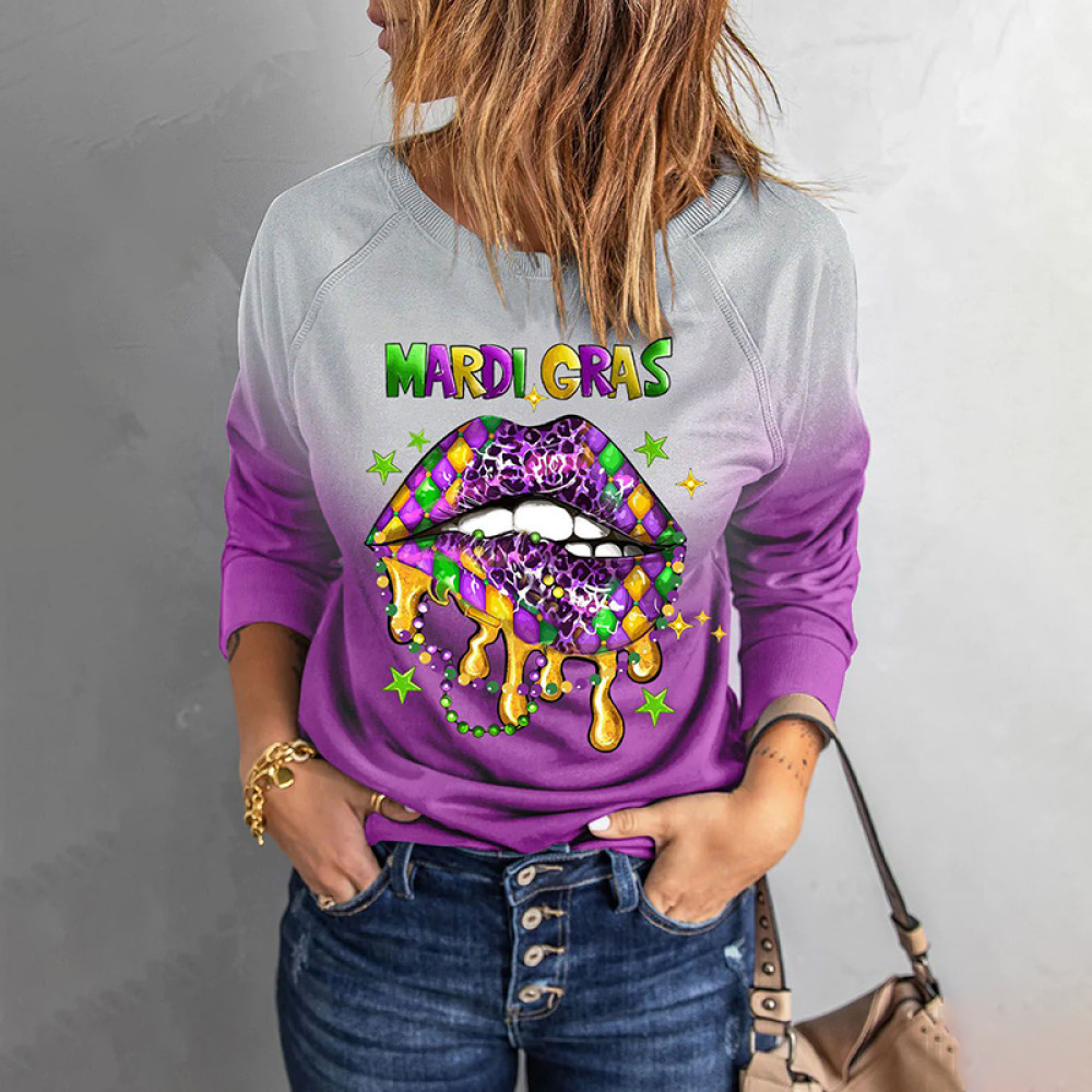 Mardi Gras Lips Round Neck Shift Casual Sweatshirt