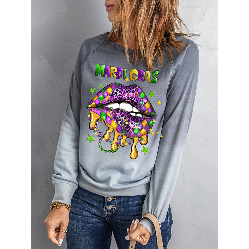 Mardi Gras Lips Round Neck Shift Casual Sweatshirt