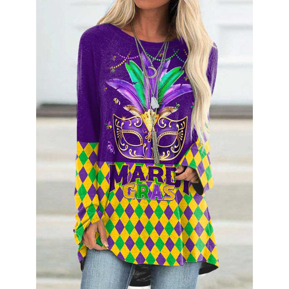 Mardi Gras Mask Beads Print Long Sleeve Tunic