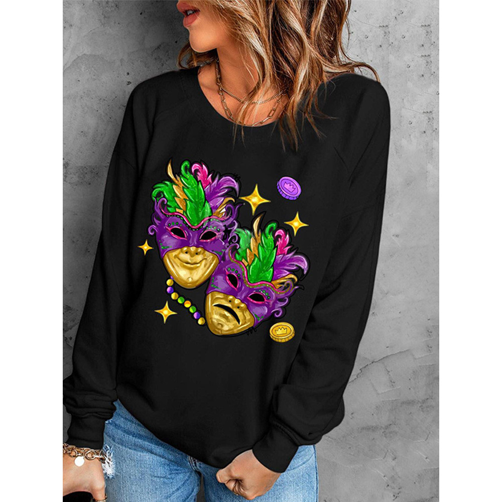Mardi Gras Mask Print Long Sleeve Sweatshirt