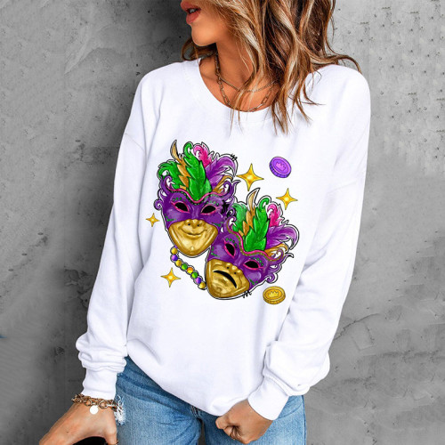 Mardi Gras Mask Print Long Sleeve Sweatshirt