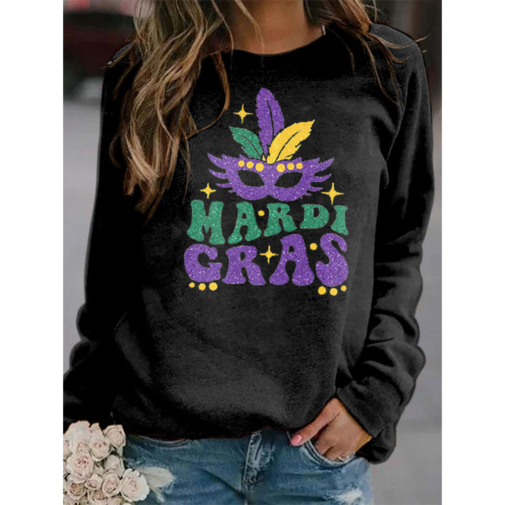 Mardi Gras Mask Print Round Neck Sweatshirt