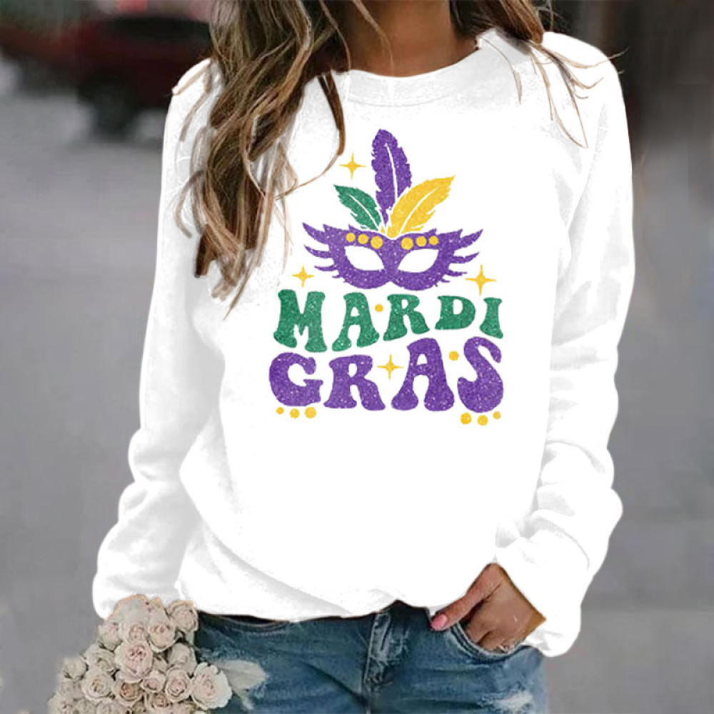 Mardi Gras Mask Print Round Neck Sweatshirt