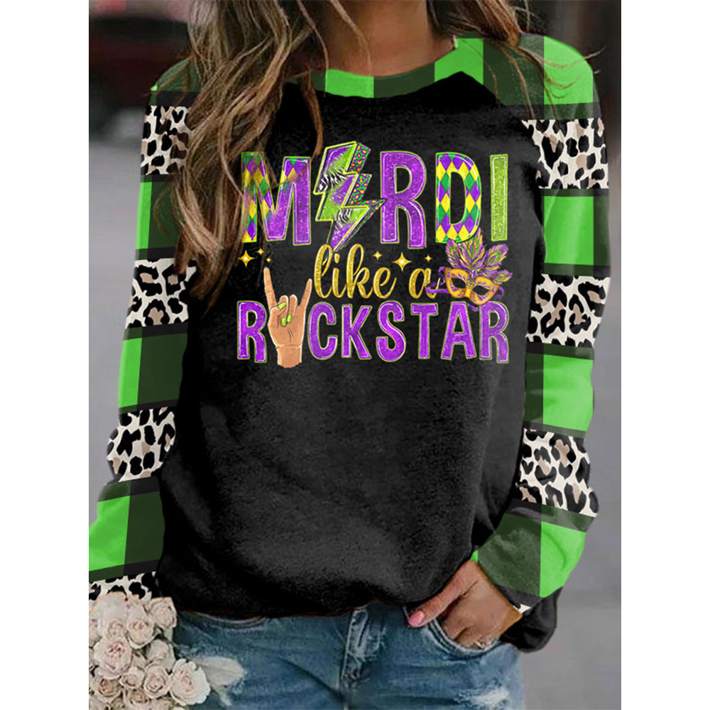Mardi Gras Plaid Print Round Neck Sweatshirt