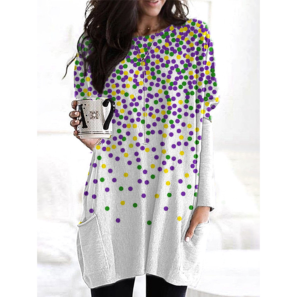 Mardi Gras Polka Dot Print Casual Cozy Long T-Shirt