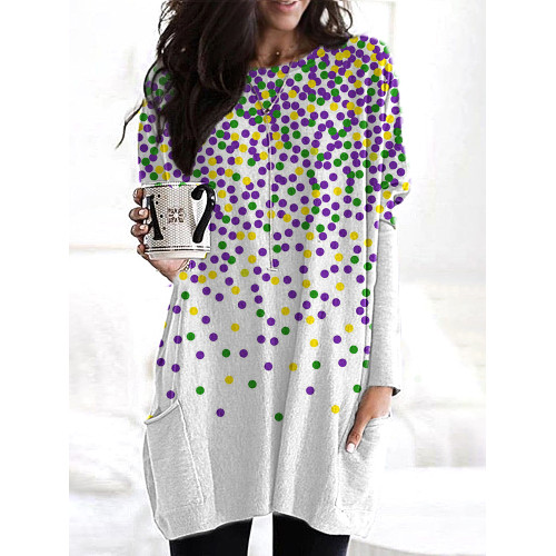 Mardi Gras Polka Dot Print Casual Cozy Long T-Shirt