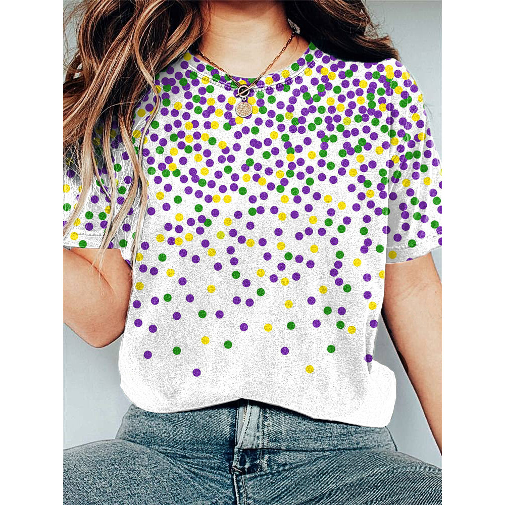 Mardi Gras Polka Dot Print Casual Cozy T-Shirt