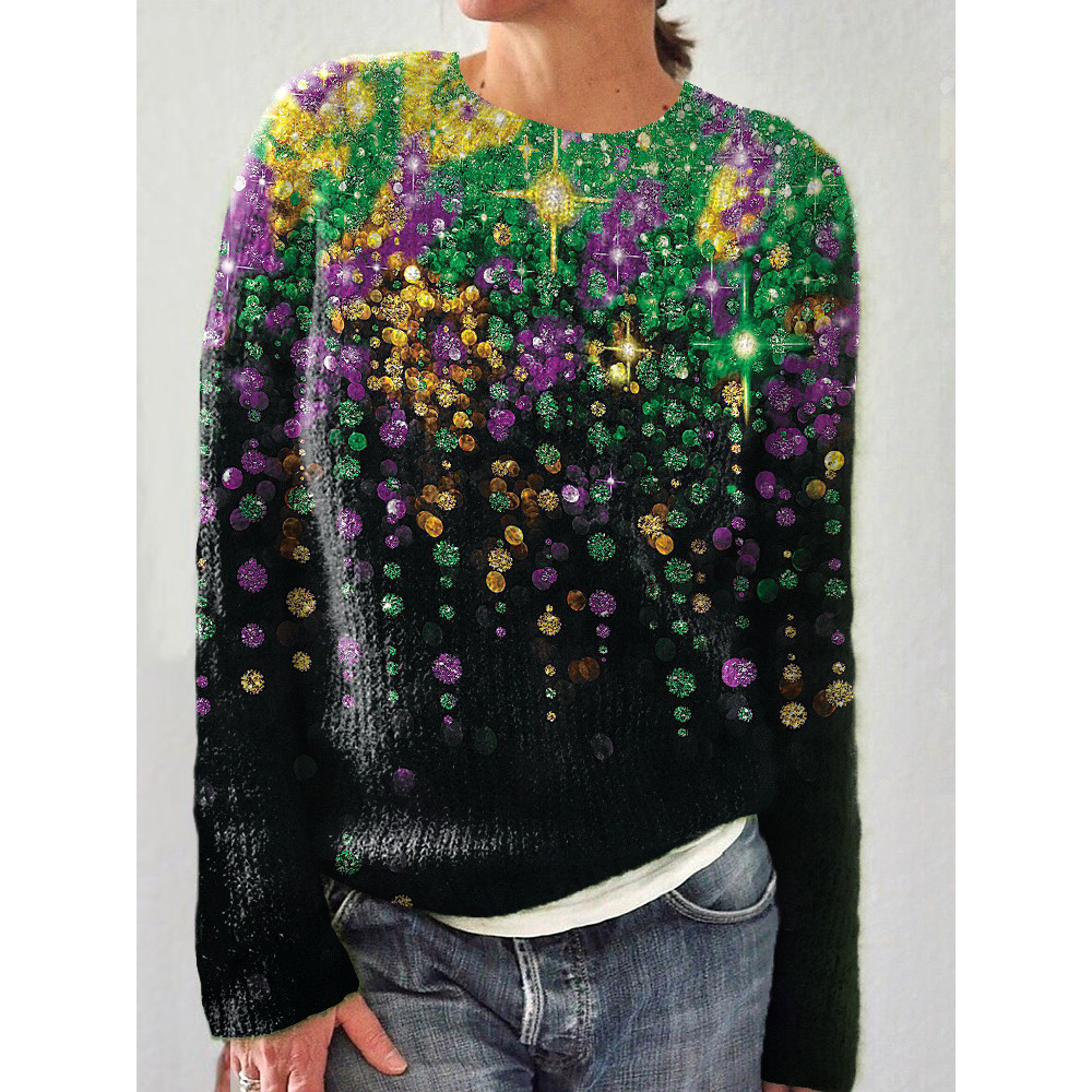 Mardi Gras Print Casual Cozy Knit Sweater